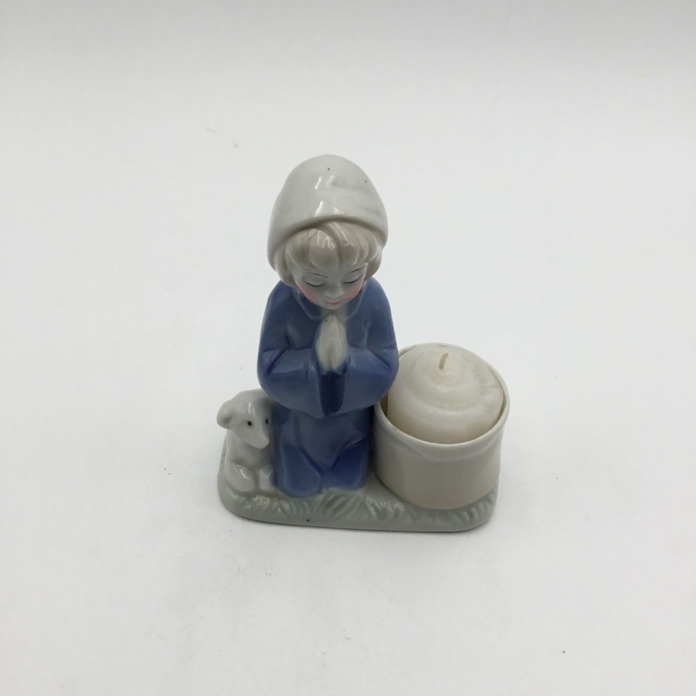 Vintage Ceramic Praying Girl Figurine With Candle Holder & Dog Blue & White